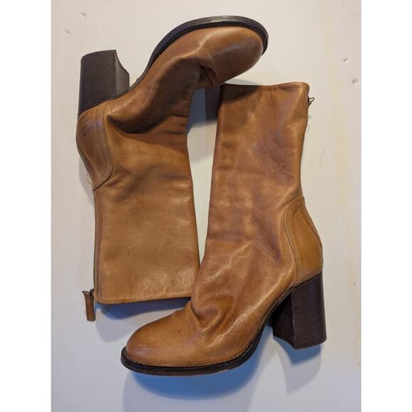 Leather Ankle Boots Chunky Heel Back Zipper Stylish Comfortable Brown - Picture 2 of 4